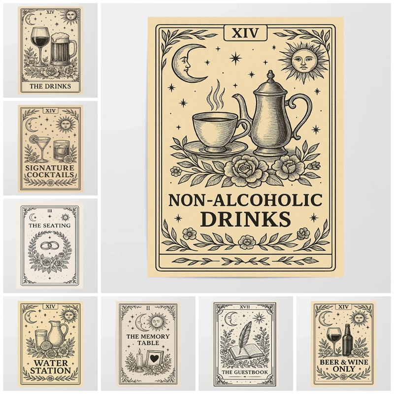 Wine Beer Menu - ヴィンテージタロットウェディングポスター ビールワイン シグネチャーカクテル ドリンクメニュー ボヘミアン素朴なセレモニー レセプションバー装飾
