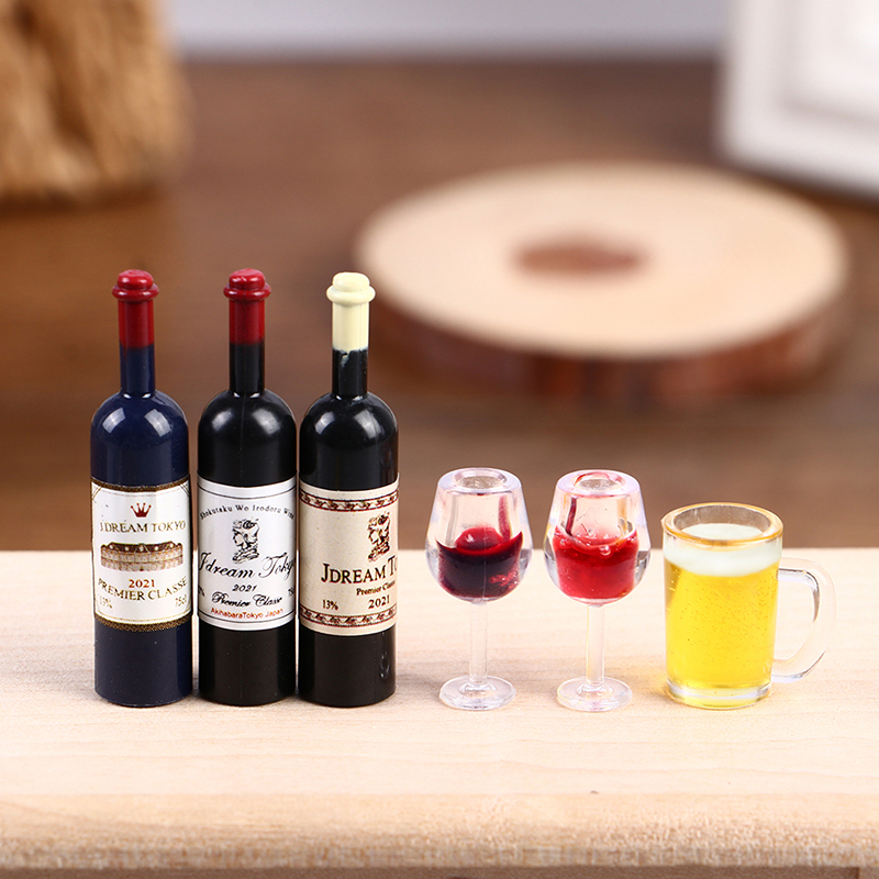 Wine Y Beer - 5 個ドールハウスミニチュアワインカップビールマグワインボトル 1:12 スケール家庭用家具装飾おもちゃ